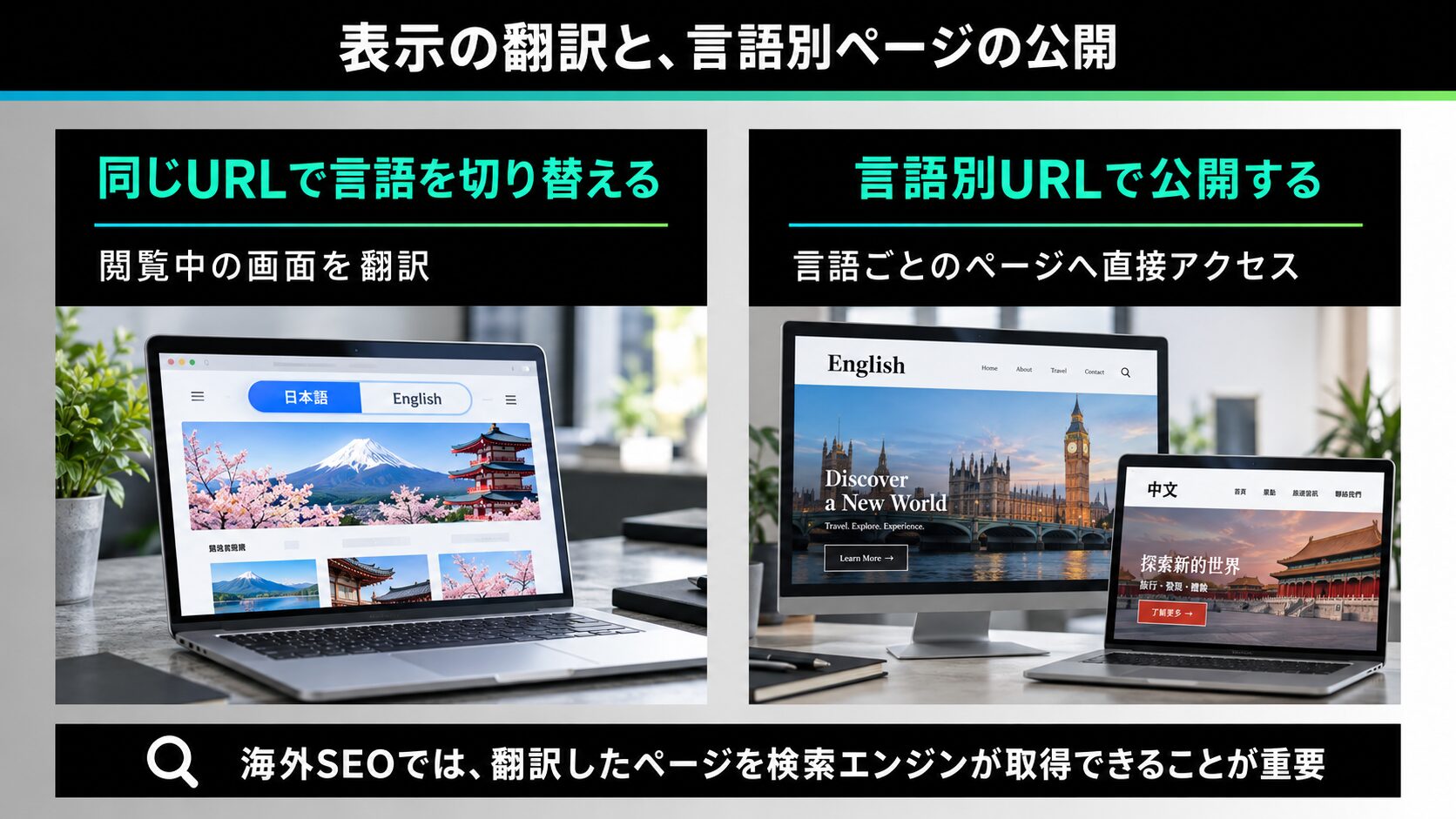 URLが変わらない多言語化と言語別URLを生成する多言語化の違い